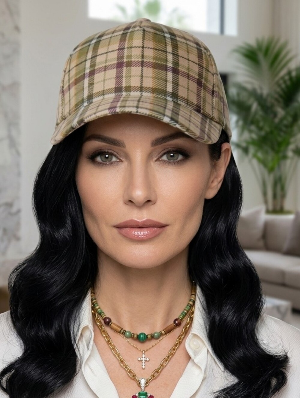 New Luxury Style Plaid Baseball Cap in Beige and Olive + FREE 2027 CALENDAR!